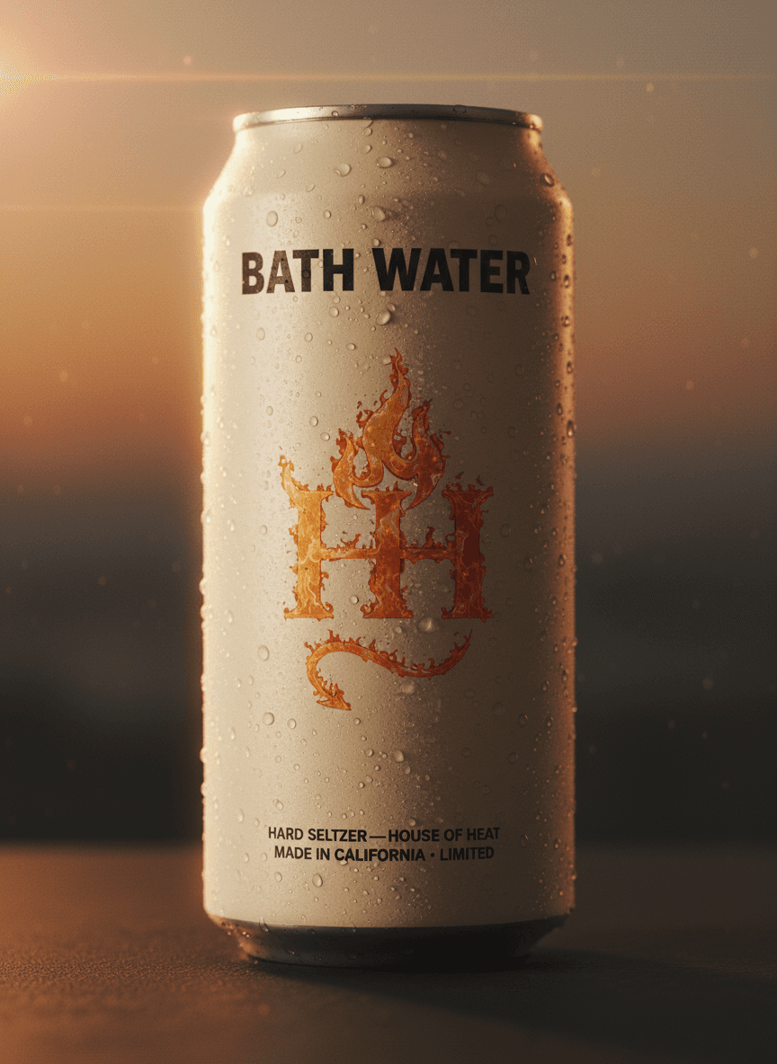 House of Heat Bath Water seltzer can, close-up with condensation